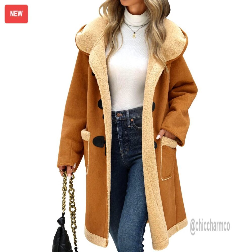 Faux Suede Sherpa Fleece Lined Oversized Hooded Duffle Coat Winter Jacket